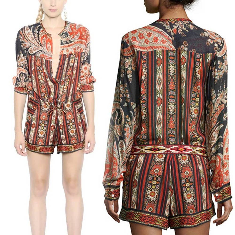 Isabel Marant Etoile Taylor Red Black Paisley Long Sleeve Romper 2 One Piece S